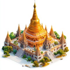 Fototapeta premium Golden pagoda, Asian temple, isometric view.