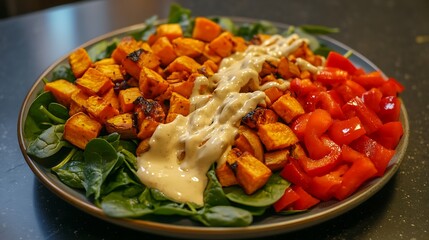 A healthy vegan meal featuring a large salad with roasted sweet potatoes, spinach, red peppers, and a tahini dressing 