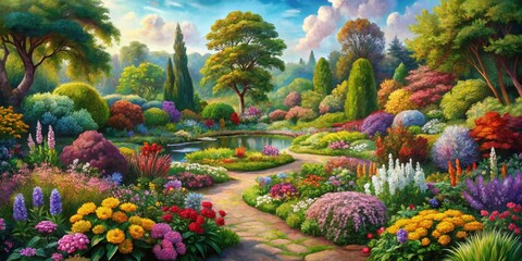 Fototapeta premium Lush Oil Painting of a Botanical Garden in High Depth of Field, Capturing Vibrant Flora, Serene Nature, and Artistic Expression in a Tranquil Outdoor Setting