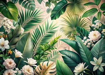 Obraz premium Lush Tropical Foliage Double Exposure Abstract Background with Neutral Green, White, and Beige Botanical Elements for Modern Minimalist Design