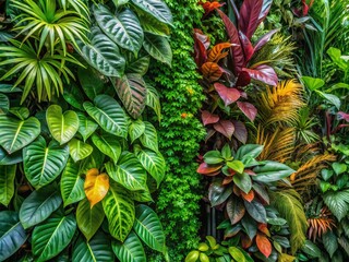Obraz premium Lush Tropical Foliage Wall Creating a Serene Natural Ambiance with Verdant Green Plants for Urban Exploration Photography