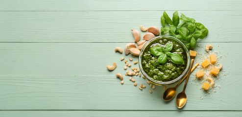 Bowl of fresh pesto sauce and ingredients on wooden background with space for text