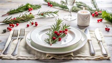 Fototapeta premium Elegant Minimalist Christmas Table Setting with Rosemary and Red Berries for a Festive Holiday Dinner, Modern Decor Ideas, Simple Centerpiece Inspiration, and Seasonal Ambiance