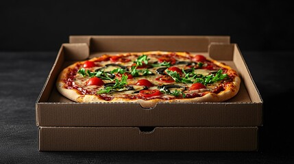 Cardboard pizza box mock-up with delicious pizza featuring toppings on a dark background