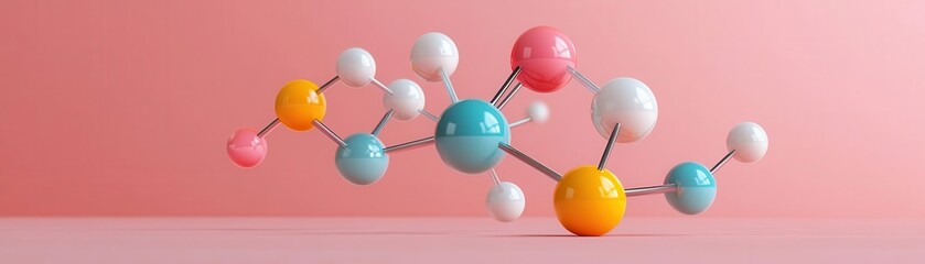 Obraz premium A colorful molecular structure against a pastel pink background, showcasing various spheres connected by rods, symbolizing chemistry and science.