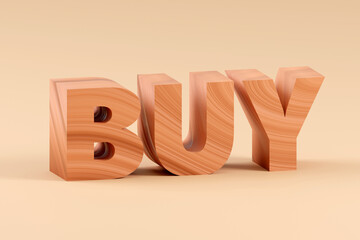 Luxury inscription buy made by wood on grey podium, soft light, smooth background, 3d rendering