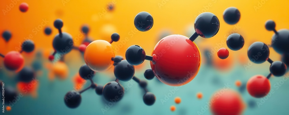 Poster abstract representation of molecular structures, showcasing colorful spheres symbolizing various ato