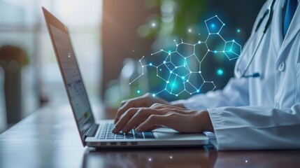A healthcare professional uses a laptop, with digital molecular graphics overlaying, symbolizing technology's role in medicine and research.