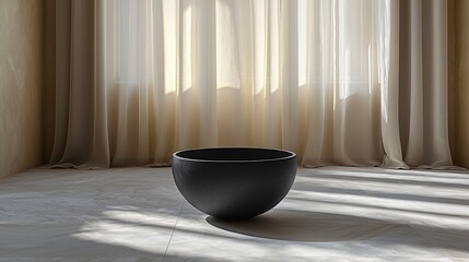 Elegant black bowl in a minimalist interior with soft natural lighting and sheer curtains