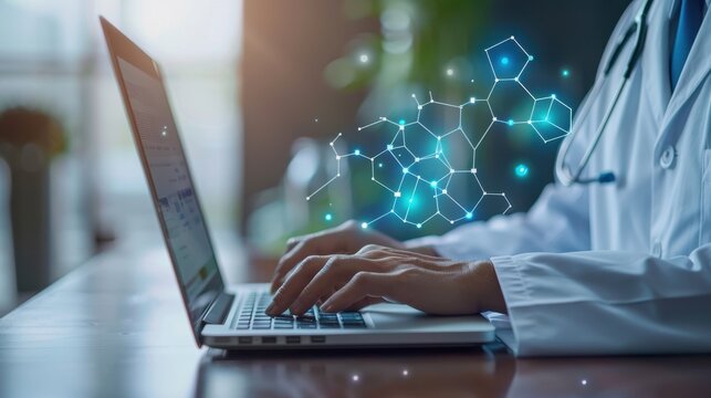 A healthcare professional uses a laptop, with digital molecular graphics overlaying, symbolizing technology's role in medicine and research.