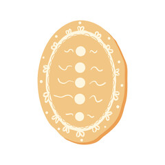 Oval cookie isolated on white background. Gingerbread homemade festive baking. Christmas sweet dessert with frosting decor. Vector hand drawn flat illustration