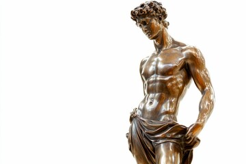 Bronze statue; muscular male figure; draped cloth.