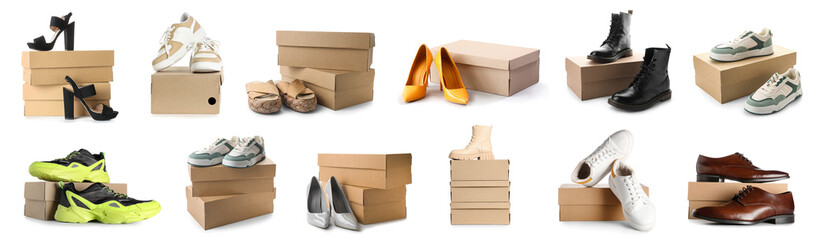 Set of different shoes with boxes on white background