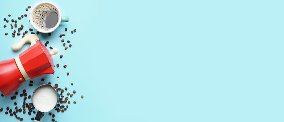 Geyser coffee maker, cup of espresso, milk and beans on blue background