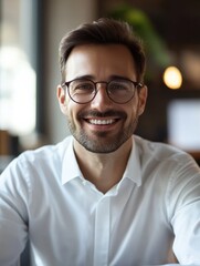 Obraz premium Happy caucasian businessman in glasses talking to camera at work by video call conference. Financial advisor executive consulting client remotely online in modern office looking at camera. Webcam vie
