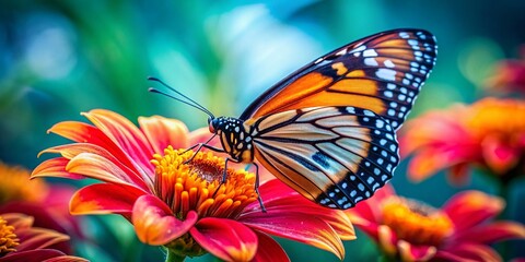 Fototapeta premium Macro Photography of a Vibrant Butterfly on a Flower Petal Showcasing Intricate Details and Colorful Patterns in Nature's Splendor for Nature Enthusiasts and Photographers