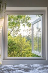 Open window, leafy trees, white bedding.