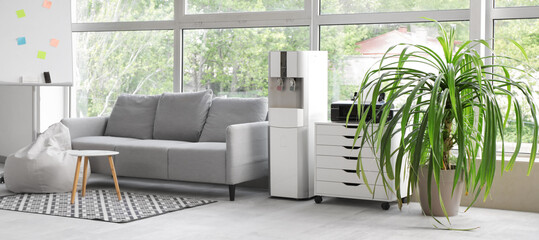 Interior of stylish office with grey sofa, houseplant and water cooler