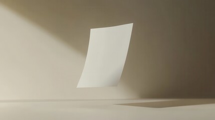 Minimalist Mockup: A Single Floating White Paper Against a Beige Background, Illuminated by Soft Sunlight