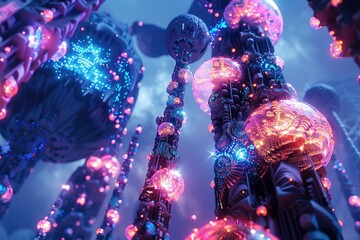 Obraz premium Luminous Orb Pillars In A Futuristic Cityscape