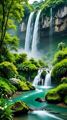 Stunning scenery with waterfalls flowing into a calm river, surrounded by trees and flowers, creates a tropical atmosphere enhanced by mist.