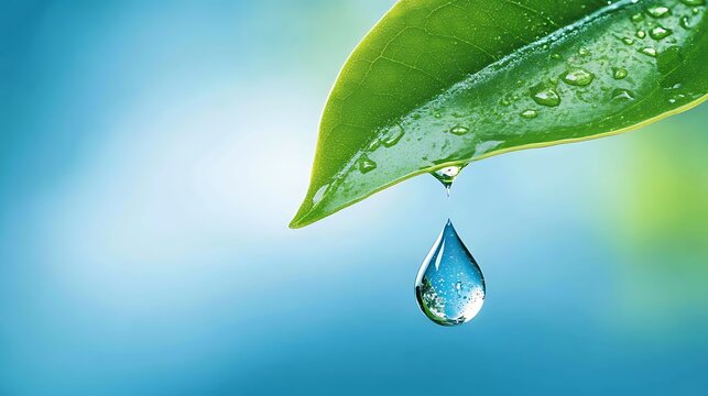 A single water droplet falls from a green leaf