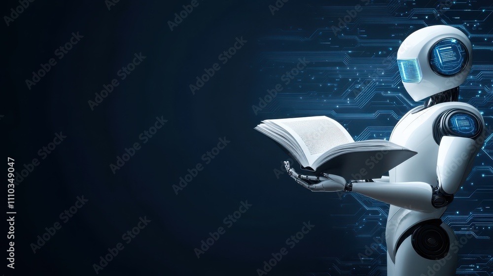 Poster a futuristic robot holds an open book, symbolizing the intersection of technology and knowledge agai