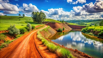 Obraz premium Scenic Red Dirt Road Alongside a Newly Dug Clay Dam in a Serene Landscape