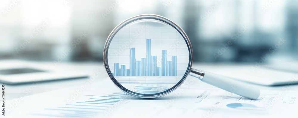 Poster a magnifying glass focuses on a bar graph, symbolizing data analysis and insights in a business or r