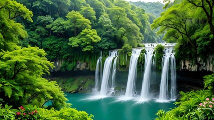 Naklejka premium Stunning scenery with waterfalls flowing into a calm river, surrounded by trees and flowers, creates a tropical atmosphere enhanced by mist.