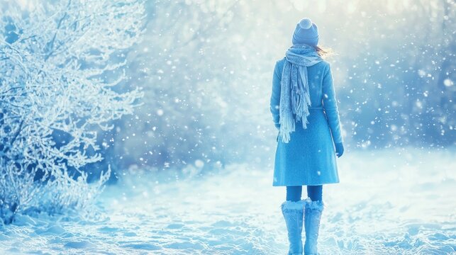 A woman in a beautiful blue wool coat, scarf, and snow boots, standing in front of a snowy blue-tinted forest.
