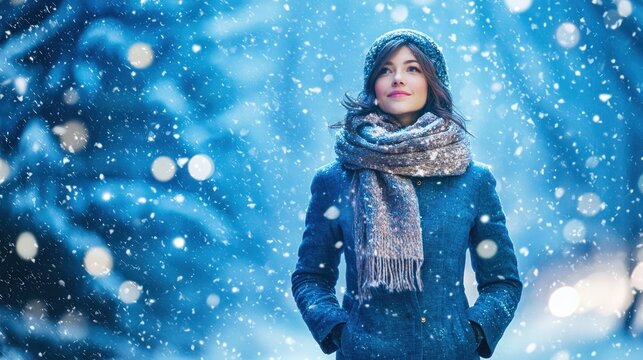 A woman in a beautiful blue wool coat, scarf, and snow boots, standing in front of a snowy blue-tinted forest.