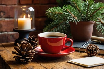 Red coffee cup on a table with a pen and paper, pine cone, and greenery in the background. Cozy, warm, and creative ambiance in a rustic style
