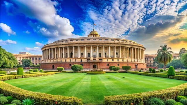 Majestic Circular Dome of Indian Parliament Building Against Blue Sky with Lush Green Lawns in the Foreground &ndash; A Panoramic View of Architectural Elegance
