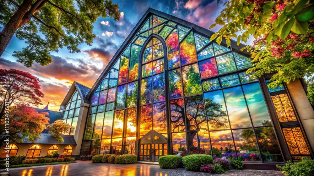 Poster majestic double exposure of a large building with a stained glass window blending with vibrant natur