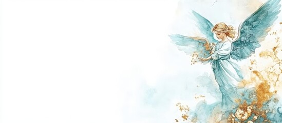 Watercolor illustration of angels and an angel blowing a trumpet, Easter theme, Christ is Risen on a white background, with copy space for design.