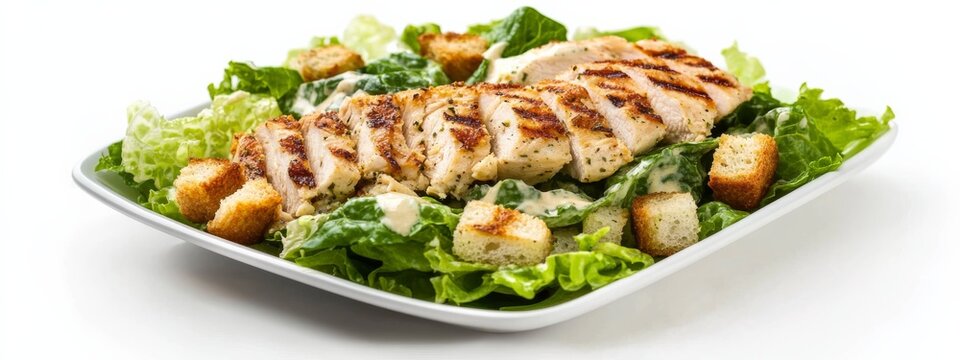 A classic Caesar salad with grilled chicken and croutons, isolated white background, cubism art style