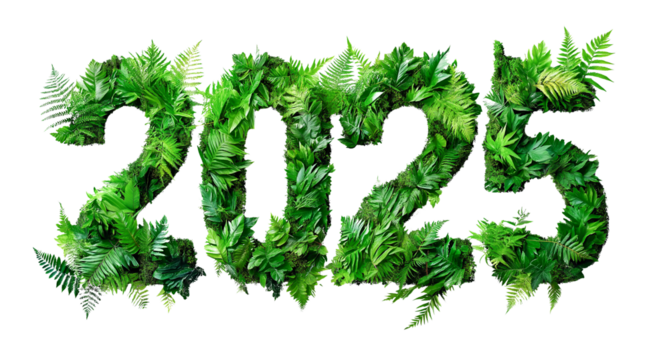 number 2025 for new year, spring fresh plants leaves, earth day. eco poster decoration, cutout PNG