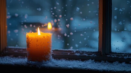 A warm candle glows softly by a snowy window, creating a cozy ambiance amidst a serene winter scene.