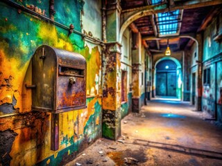 Naklejka premium Urban Exploration: Captivating Apartment Mailbox in Abandoned Building, Architectural Details, Urban Decay, Urban Art, Grunge Aesthetics, Forgotten Spaces, Urban Landscape Photography, Mailbox Design