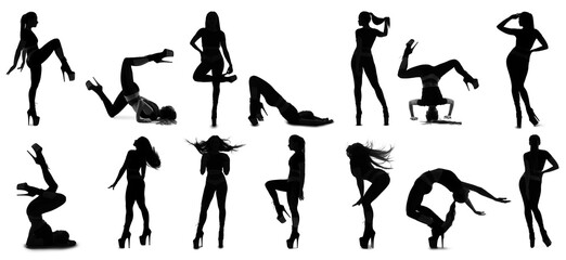 Many silhouettes of sexy female dancer in high heels on white background