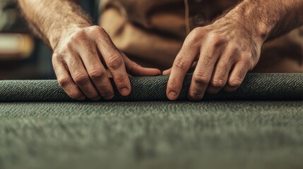 Close-Up of Skilled Artisan's Hands Rolling Green Fabric on Worktable in Tailoring Workshop Setting