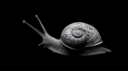 A grayscale snail displays intricate shell patterns against a black background
