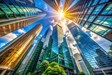 Obraz premium Majestic Perspective of Modern Skyscrapers Towering Over a Bustling Business District with Clear Blue Sky and Dynamic Urban Architecture in Focus