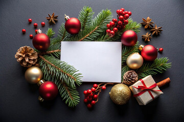 Blank Christmas card mockup surrounded by ornaments, pine, berries, and gift.