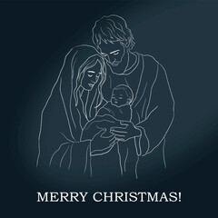 Vector freehand Christmas line art scene is an artistic depiction of the Nativity of Christ, including Mary, Joseph and the baby Jesus, highlighted on a white background. Hand drawn of linear style