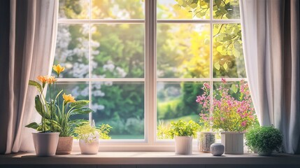 Bright Window View with Flourishing Plants and Natural Light Bliss