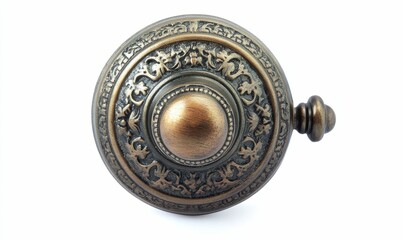 Ornate, metallic, circular finial; decorative, detailed design.