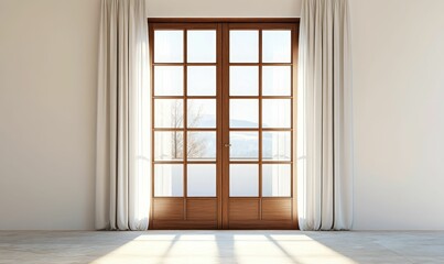Wooden French doors, curtains, sunlight, minimalist room.