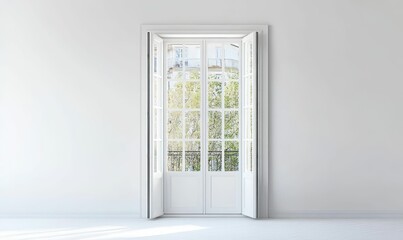 White door, open, reveals green trees, balcony view.